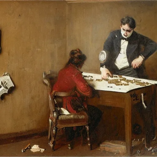 Image similar to a man and a woman solving an escape room puzzle, mysterious markings on the wall, by alfred stevens