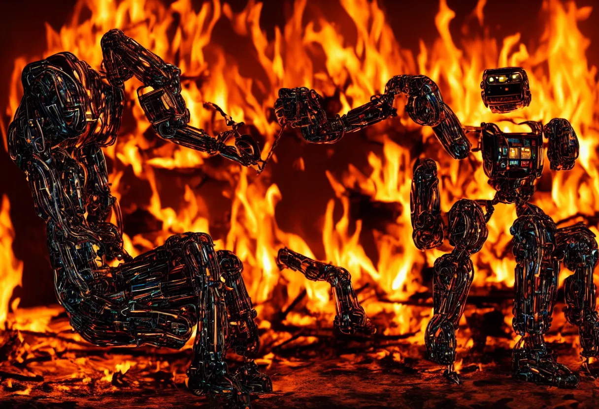 Image similar to An intimate closeup portrait photograph of one menacing cybertronic robot sitting on a frayed recliner in front of a single beautiful fireplace with a cozy fire