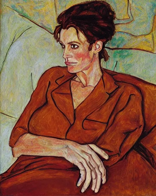Image similar to portrait of julia roberts on the sofa reading a book, in the style of Egon Schiele