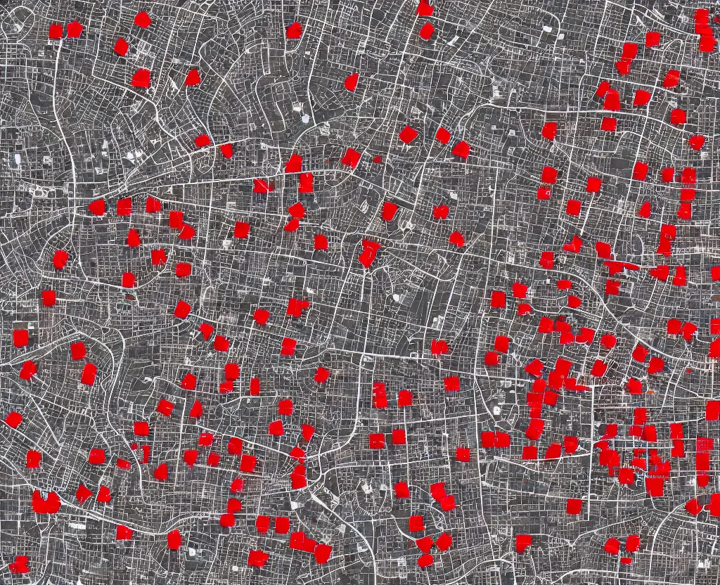 Prompt: multitude of red circular icons highlight churches on a Vector AntiqueWhite on DarkGrey Streets Satellite Map, vector graphics, 8k, mapbox
