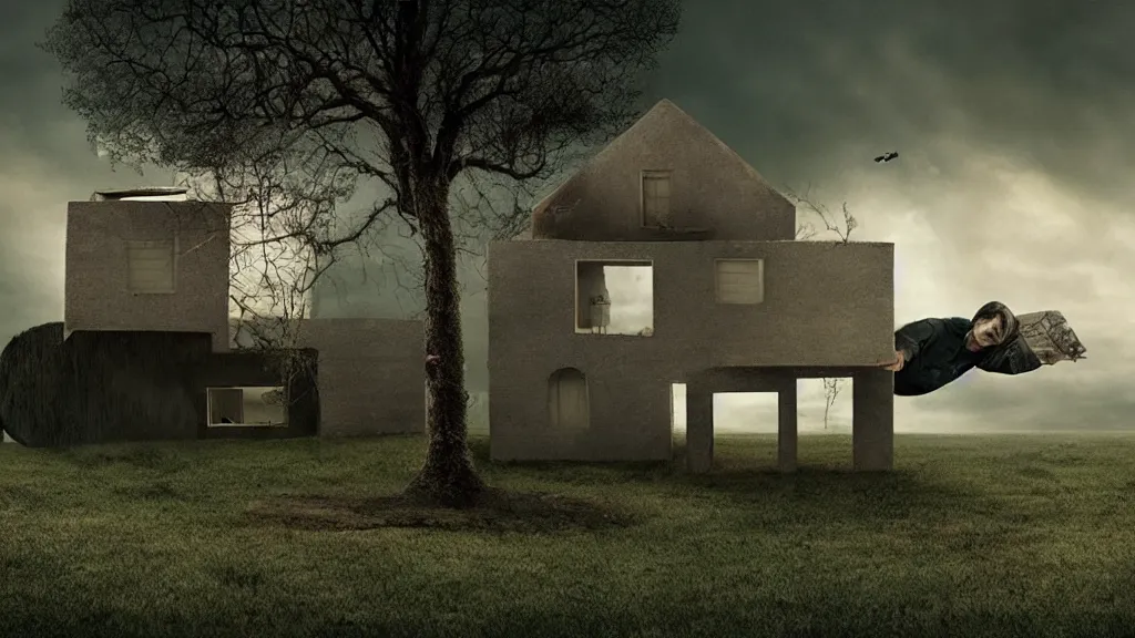 Image similar to the upside down house, film still from the movie directed by denis villeneuve with art direction by salvador dali, wide lens