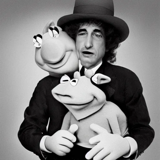 Prompt: miss piggy cheating on kermit the frog with bob dylan