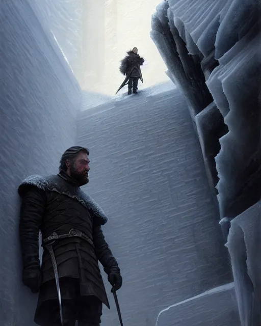 Image similar to man of the night's watch standing on top of the wall made of solid ice, game of thrones | | realistic shaded, fine details, realistic shaded lighting painting by greg rutkowski, diego gisbert llorens, magali villeneuve, artgerm, jeremy lipkin, michael garmash, rob rey