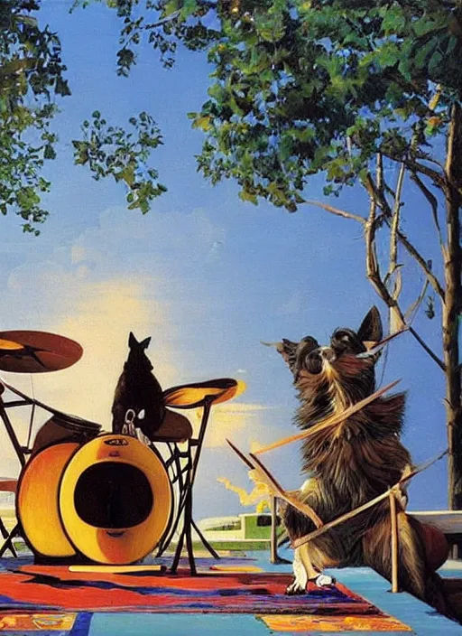 Image similar to dog playing drums, looking at a girl, large scale painting by robert mccall and vladimir kush