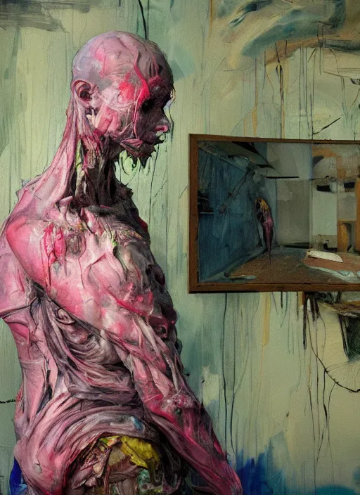 Image similar to an insane, skinny, artist wearing dirty, torn overalls, expressive painting, inside a grand messy studio, depth of field, hauntingly surreal, highly detailed oil painting, by francis bacon, edward hopper, adrian ghenie, glenn brown, soft light 4 k in pink, green and blue colour palette, cinematic composition, high quality octane render, masterpiece