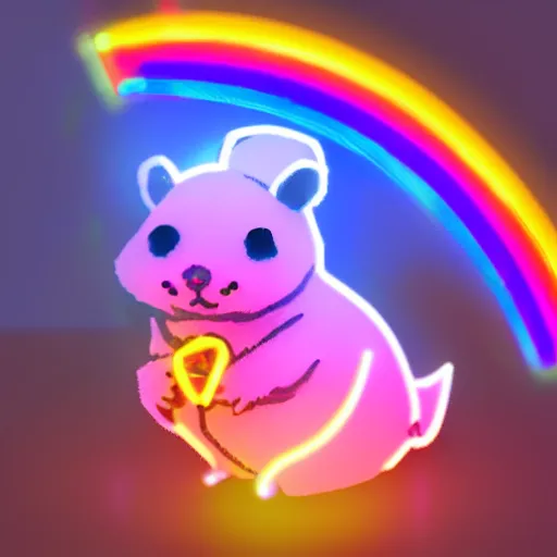 Prompt: cyberpunk hamster holding rainbow gem! crystal, neon lights, light reflection, 8 k, hd