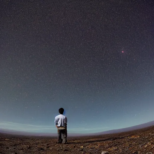 Prompt: a man looking into the endless expanse of the universe