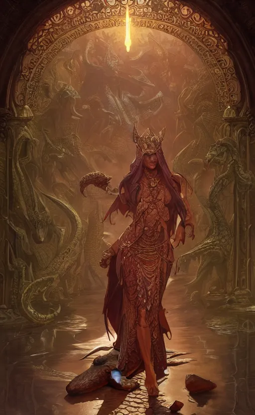 Image similar to crocodile godess in temple entrance, reptilian skin, d & d, fantasy, intricate, elegant, highly detailed, digital painting, artstation, concept art, matte, sharp focus, illustration, art by artgerm and greg rutkowski and alphonse mucha