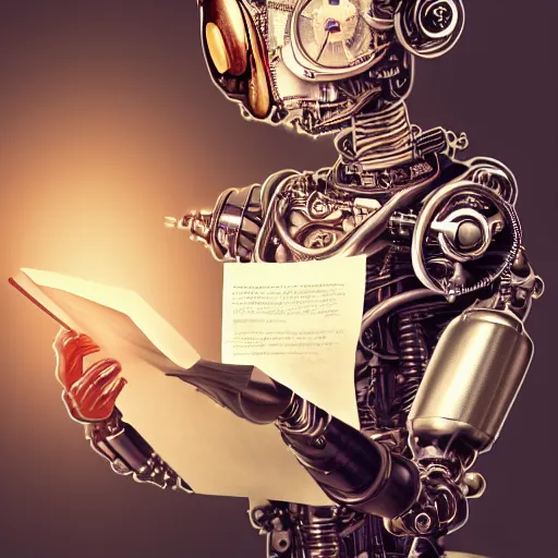 Image similar to a beautiful intricate fine art portrait photo of a happy mechanical industrial steampunk robot reading a letter of admission held in hands, by anna dittman and zach sutton, eyes glowing, happiness!, perfection!, studio lighting, golden ratio composition, 50mm lens, bionic, cybernetic scifi, deep depth of field, artstation, 8K