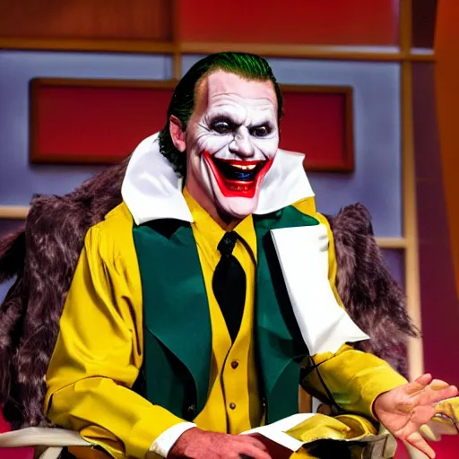 Prompt: pastor kenneth copeland cosplaying as the joker on his televangelisy megachurch pulpit
