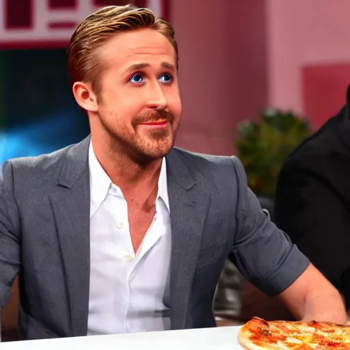 Image similar to ryan gosling burns his tongue on a pizza