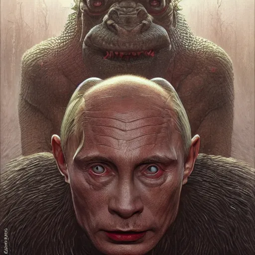 Image similar to vladimir putin, putin is bald prehistoric primate, reptiloid reptile alien eyes, toothless, horror macabre by donato giancola and greg rutkowski and wayne barlow and zdzisław beksinski, realistic face, digital art