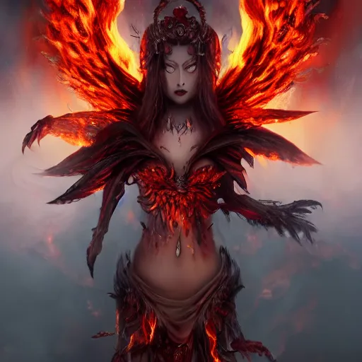 Prompt: stunning female demon surrounded in fire, korean, buddhist, naraka otherworldly rising from the fire, crystal amber eyes, wings, very detailed face, smile, monster teeth covered in red, dark and mysterious, full body, rococo, cinematic, epic, 4 k very detailed, trending in artstation