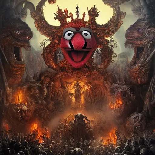 Image similar to muppets in dante's inferno with trumpeters and demons, intricate detail, royo, vallejo, frazetta, giger, whealan, hd, unreal engine,