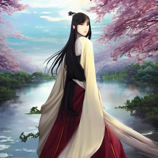 Image similar to a young beautiful prince, golden eyes, long black hair, white hanfu, elegant, intricate, backlit, incredible lighting, strong rim light, subsurface scattering, photorealistic anime, beautiful landscape, cherry trees, highly detailed digital painting, by Heise Jinyao, Heise-Lian Yan Fang, Feimo, Rossdraws, Sakimichan HDRI, vivid colors, high contrast, trending on artstation 8k