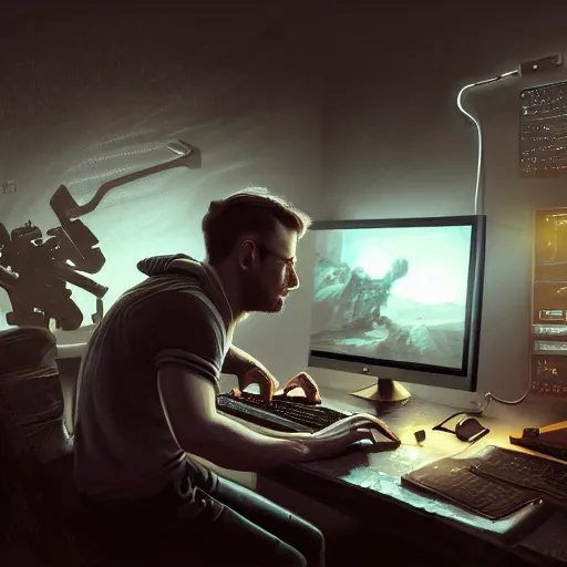 Image similar to realistic man using laptop in gaming room, artstation trends, sci fi concept art, highly detailed, intricate, sharp focus, digital art, 8 k