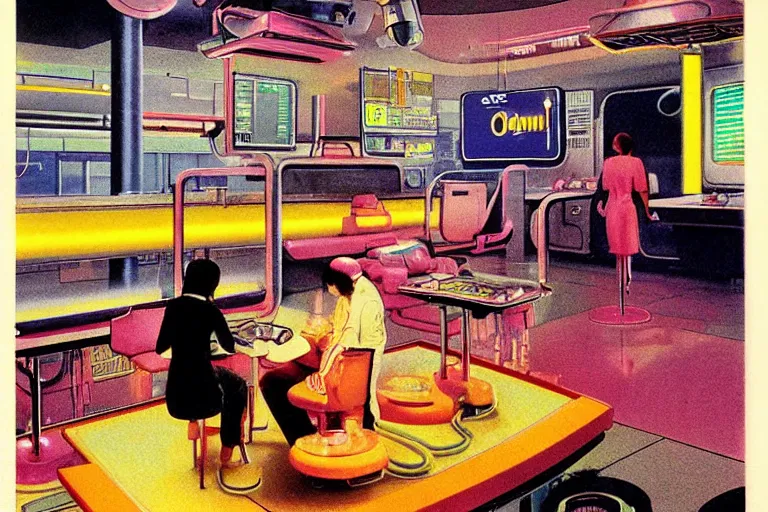 Image similar to 1 9 7 9 omni magazine cover depicting a surgical suite inside of a mcdonald's in neo - tokyo. in the style of bladerunner concept art by syd mead