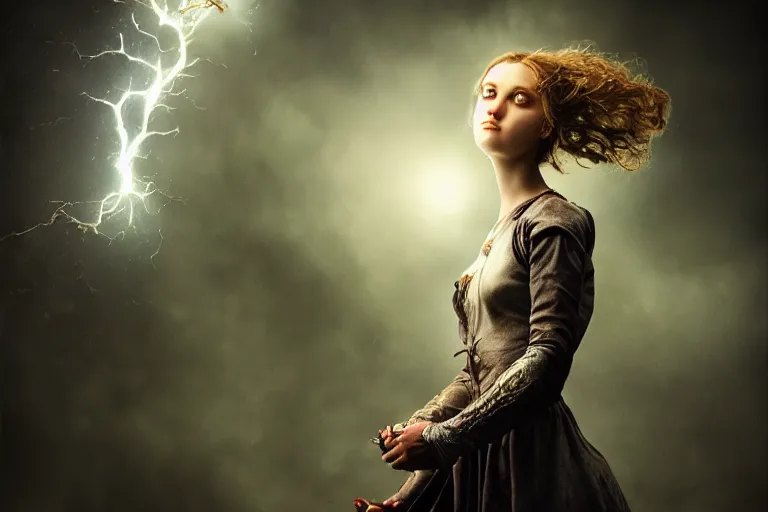 Prompt: portrait of young woman with the power of a god. photo - realistic hd, hyperrealism, magical, highly detailed, cinematic, luminescence, 3 2 k, dop, high contrast, intricate, mystery, epic, fantasy. by tim burton