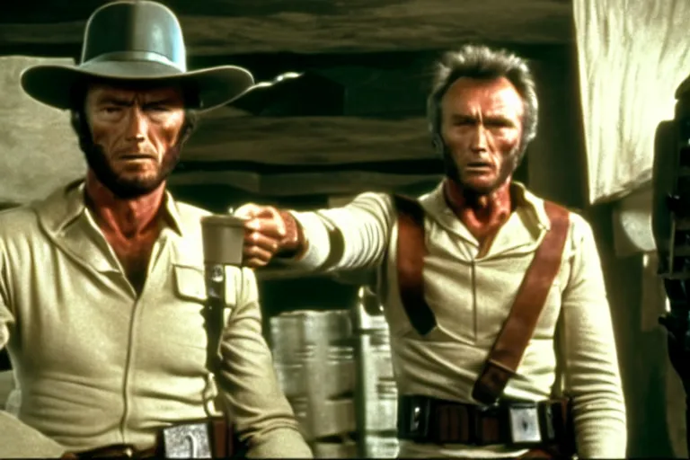 Prompt: film still of clint eastwood man with no name aiming a colt in new star wars, inside a tavern, 4 k