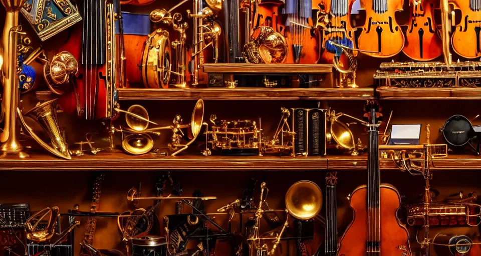 Image similar to a shelf of amazing magical musical instruments, cinematic lighting, detailed, beautiful colors, ornate 4 k