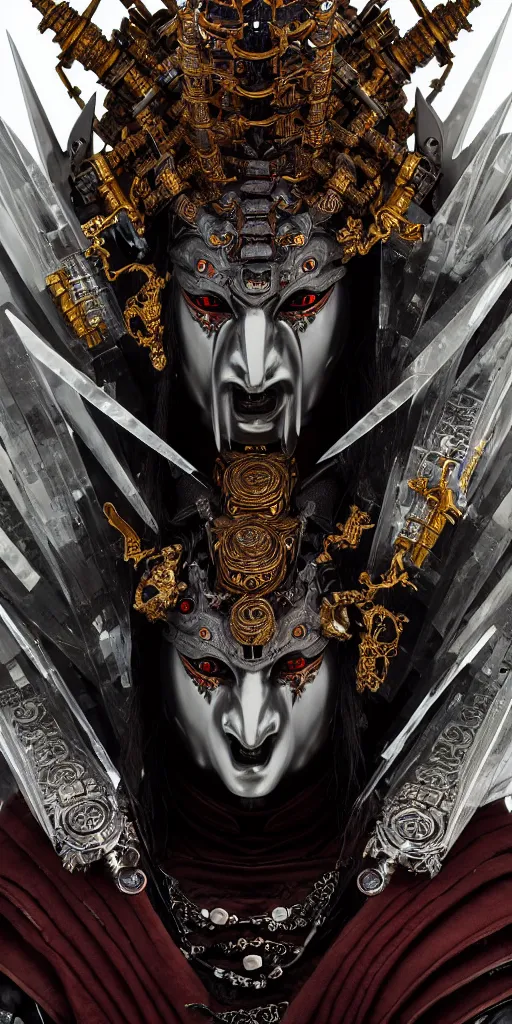 Image similar to asura from chinese myth, ancient japanese samurai, luxurious armor mixed with leather and metal, gothic diablo art, rococo art, cyberpunk, mecha, halfturn portrait of a big crystal face made of crystals half - turn, ominous, intricate, studio, art by anthony macbain + greg rutkowski + alphonse mucha, concept art, 4 k, sharp focus