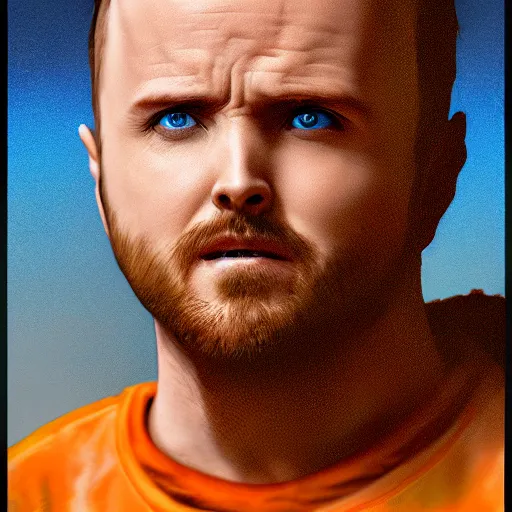 Image similar to a digital portrait painting of an aaron paul bounty hunter, matte painting, hyper realistic, very detailed, dramatic scene, orange and blue colors, realistic lighting, dark fantasy, 4 k, in the style of greg rutkowski,