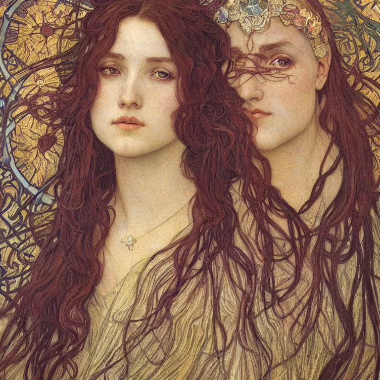 Image similar to detailed realistic beautiful young medieval queen face portrait by jean delville, alphonse mucha, vincent van gogh, and marco mazzoni, art nouveau, symbolist, visionary, gothic, pre - raphaelite