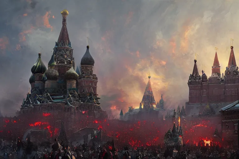 Prompt: Masterpiece Painting of the Giant Epic Dragon Nest from Game of Thrones in the center of Red square, Russia, Moscow, by Greg Rutkowski, artstation,