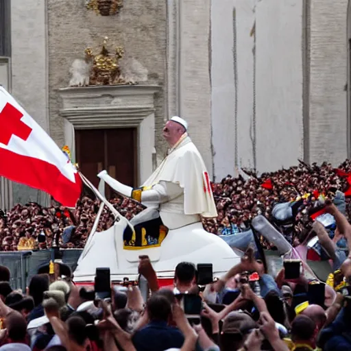 Prompt: pope francis riding giant white mech with the papal flag painted on it, leading the swiss guard in an invasion of eastern europe