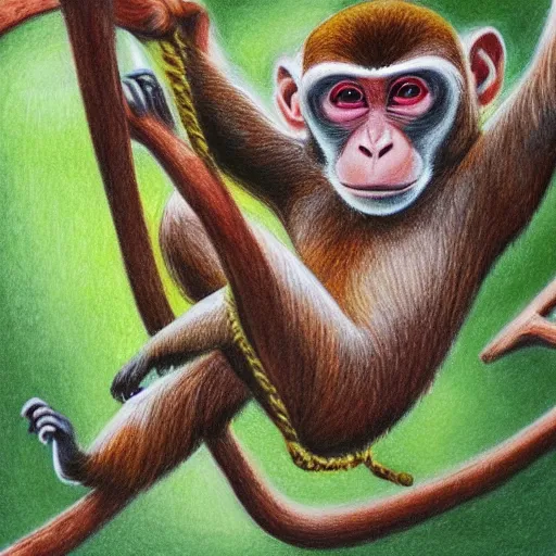 Prompt: Colored pencil art on paper, Monkey Swinging from jungle branches, highly detailed, artstation, MasterPiece, Award-Winning, Caran d'Ache Luminance