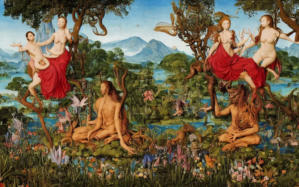 Prompt: a photograph of a meditating harpy and a centaur king riding dragons and hugging tropical animals at a river delta. surrounded by bulbous flowers, animals and trees. mountains range under a blue sky of burning stars. painted by jan van eyck, max ernst, ernst haeckel and ernst fuchs, cgsociety, artstation, fashion editorial, 8 k