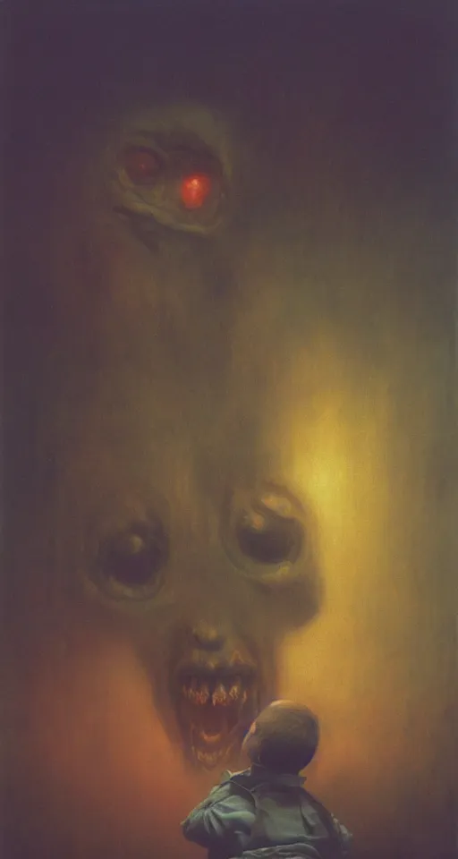 Image similar to Painting in a style of Beksinski featuring a giant baby monster yelling, dramatic lighting, full face, portrait, movie scene, creepy
