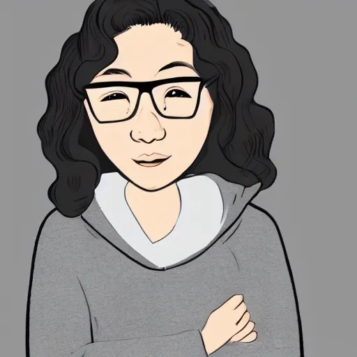 Prompt: A south east asian woman with long curly hair wearing glasses, grey hoodie, white t-shirt, cartoon style, digital art