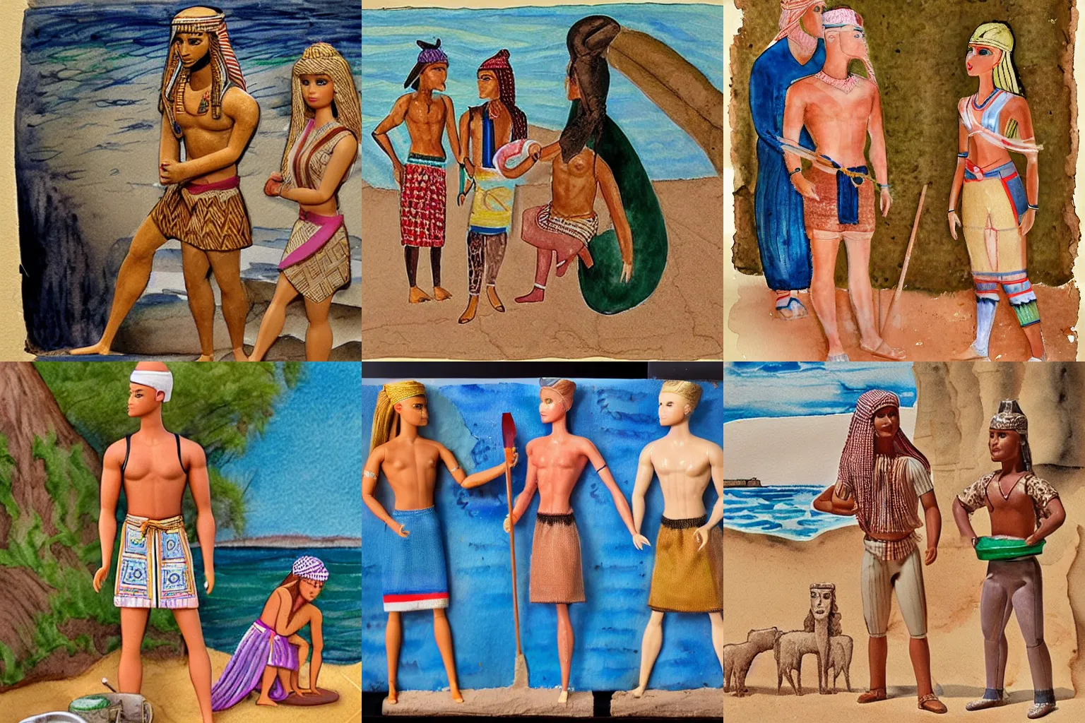 Prompt: Barbie or Ken doll, fishermen, by the shore, realistic, watercolor and ink, art in the style of Mesopotamia 3000 to 4000 BCE and Protoliterate period, art by Yahya ibn Mahmud al-Wasiti and Firyal Al-Adhamy
