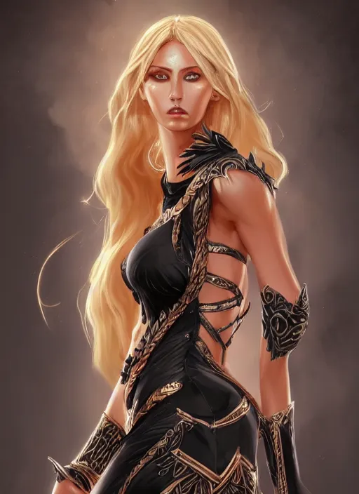 Image similar to a highly detailed illustration of fierce blonde tanned skin goddess ereshkigal wearing black dress, dramatic powerful pose, perfect face, perfect body, muscular, intricate, elegant, highly detailed, centered, digital painting, artstation, concept art, smooth, sharp focus, league of legends concept art, wlop