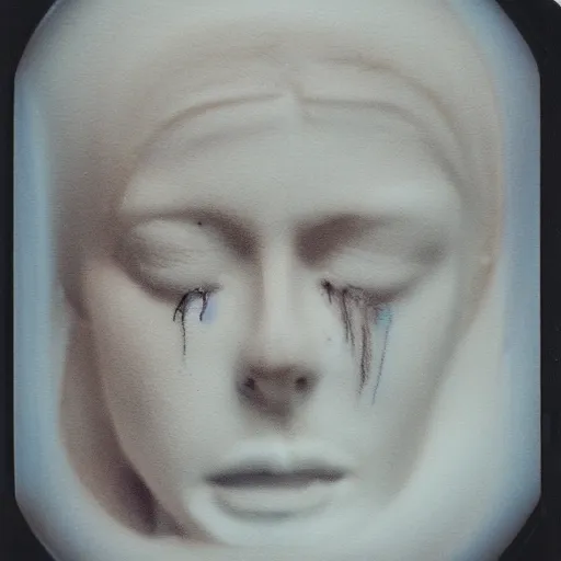 Prompt: a liquid white clay porcelain portrait of a human face melt down flow go runny, realistic detailed watercolor polaroid, grainy image, contrast