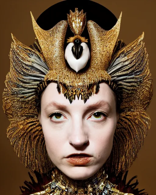 Image similar to a fantasy owl queen, beauty portrait, opulent costume inspired by iris van herpen