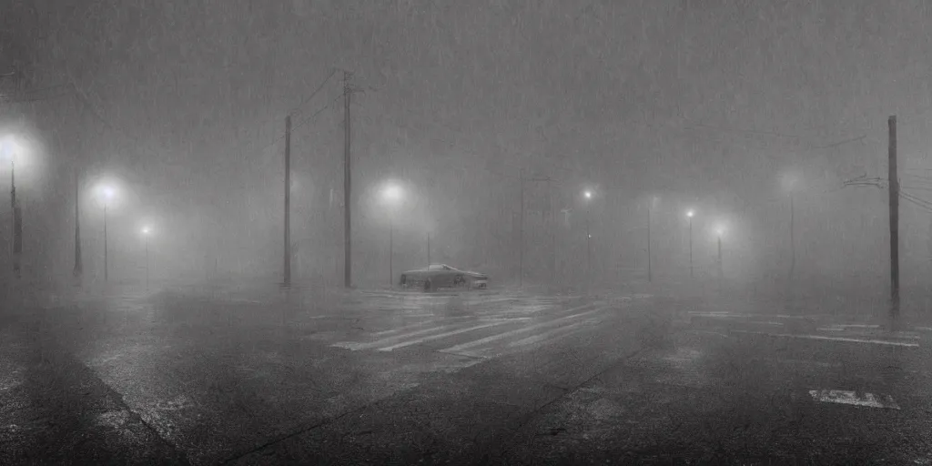 Prompt: silent hill in real life, desolate street, sombre, parked cars, overcast, blankets of fog pockets, rain, volumetric lighting, beautiful, night time, autumn, sharp focus, ultra detailed, cgsociety