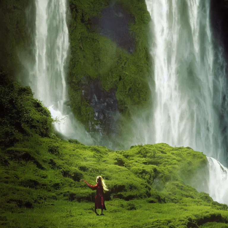 Prompt: bright and vibrant 1 9 7 0's artistic color spaghetti western film, a woman in a giant billowing wide long flowing waving shining bright white dress, standing inside a green mossy irish rocky scenic landscape, huge waterfall, volumetric lighting, backlit, atmospheric, fog, extremely windy, soft focus