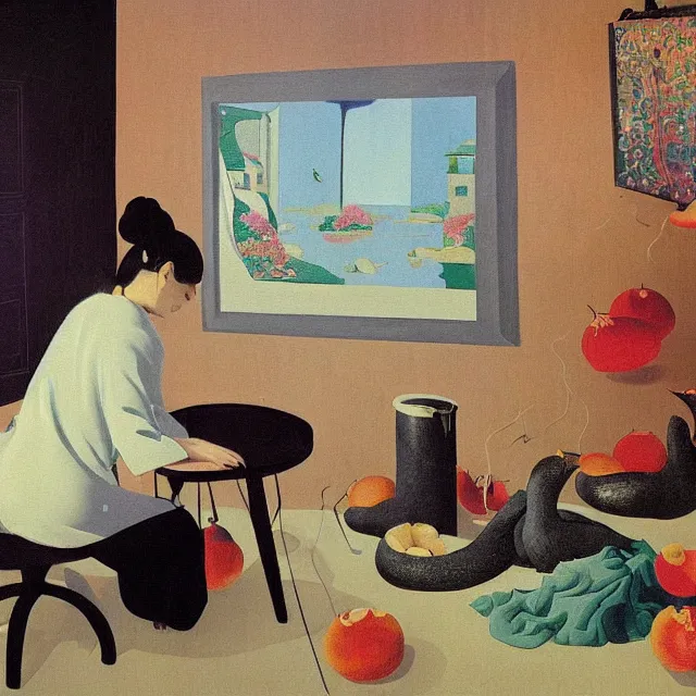 Prompt: female emo art student in her apartment, painting of flood waters inside an artist's feminine bedroom, a river flooding indoors, pomegranates, pigs, ikebana, water, octopus, river, rapids, waterfall, black swans, canoe, berries, zen, acrylic on canvas, surrealist, by magritte and monet