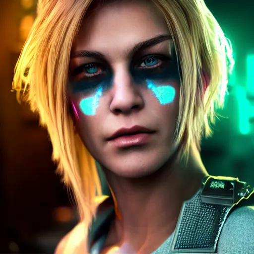 Prompt: Linda Hamilton, neon face tattoo, cyberpunk background, straight hairstyle, white eyes, blonde hair, realistic render, short hair, unreal engine render, Icaro Carvalho