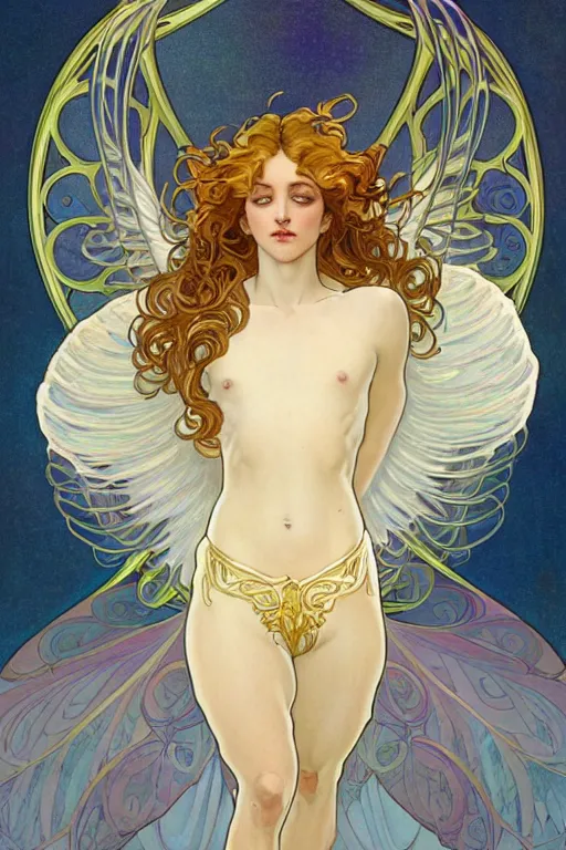 Image similar to full figure art nouveau portrait of a beautiful young fit male angel with curly blond hairs, dressed with fluent clothes, majestic wings, luminous halo, by alfons mucha, d & d character, gradient white to gold, in front of an iridescent background, highly detailed portrait, digital painting, artstation, concept art, smooth, sharp focus, illustration, artstation hq