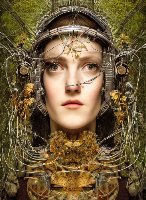 Prompt: symmetrical renaissance painting of android woman covered by plants and crystalsin the mystical forest, beautiful symmetrical face, wires and cords, golden steampunk, retro futurism, sci - fi, filigree jewellery, baroque, cinematic light, mystical shadows, 8 k