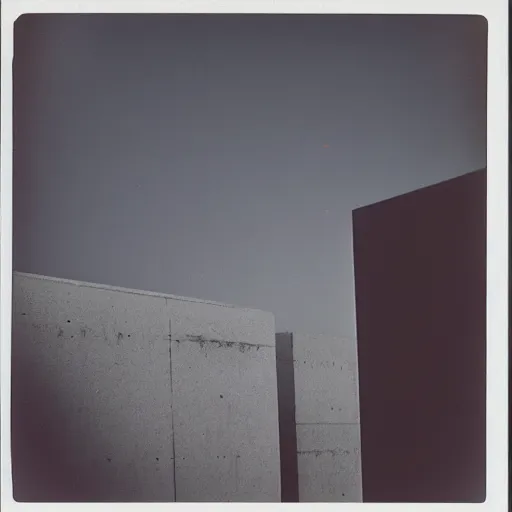 Image similar to impossibly large concrete structure, minimalist architecture, megalophobia, foggy, old polaroid, expired film,