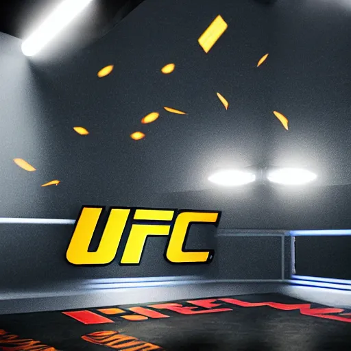 Image similar to the UFC logo in 3D glowing bright in the dark with fireflies around, hyper realistic, Octane render, Unreal Engine 3D