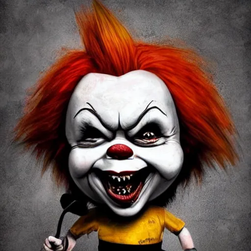 Image similar to grunge cartoon portrait sketch of chucky with a wide smile and a red balloon by - michal karcz, loony toons style, pennywise style, chucky style, horror theme, detailed, elegant, intricate