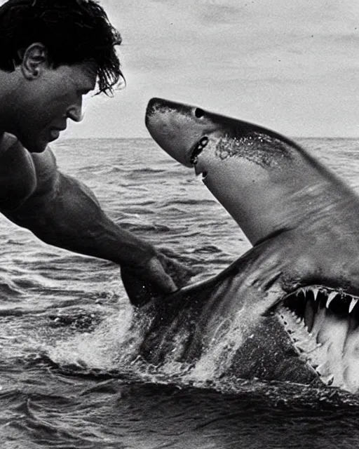 Image similar to film still close up shot of dwayne johnson wrestling a shark in the movie jaws. photographic, photography