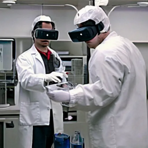 Image similar to a 2004 film still of a cat wearing a VR helmet, two people in lab coats standing behind the cat, one person has a clipboard, lab equipment in the background