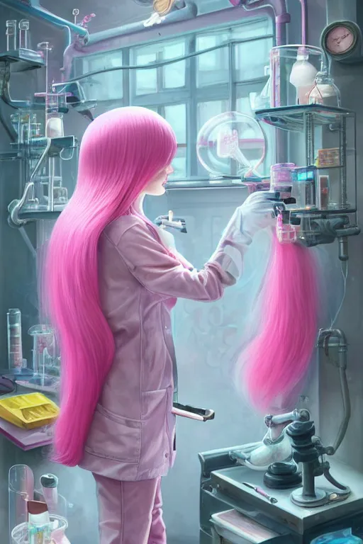 Image similar to highly detailed, industrial photography, profile photo of adult princess bubblegum from adventure time, working in her science lab, wearing lab coat, long bubblegum hair, long straight bangs, confident, beautiful, attractive, illustration concept art by nicoletta ceccoli, mark ryden, lostfish, detailed and intricate environment, 8 k resolution, hyperrealistic, octane render