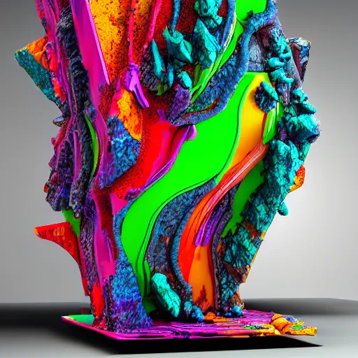 Prompt: complex 3D abstract sculpture, detailed background, drippy and organic textures, biological, with virus of neon color particels, glossy material, hyper realistic, 8k